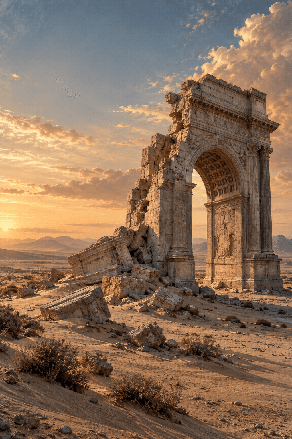 A monumental triumphal arch, partially collapsed in a windswept landscape